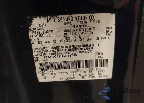 2011 Ford F-150 Xl из США, поврежденный, VIN 1FTNF1CF7BKD32759